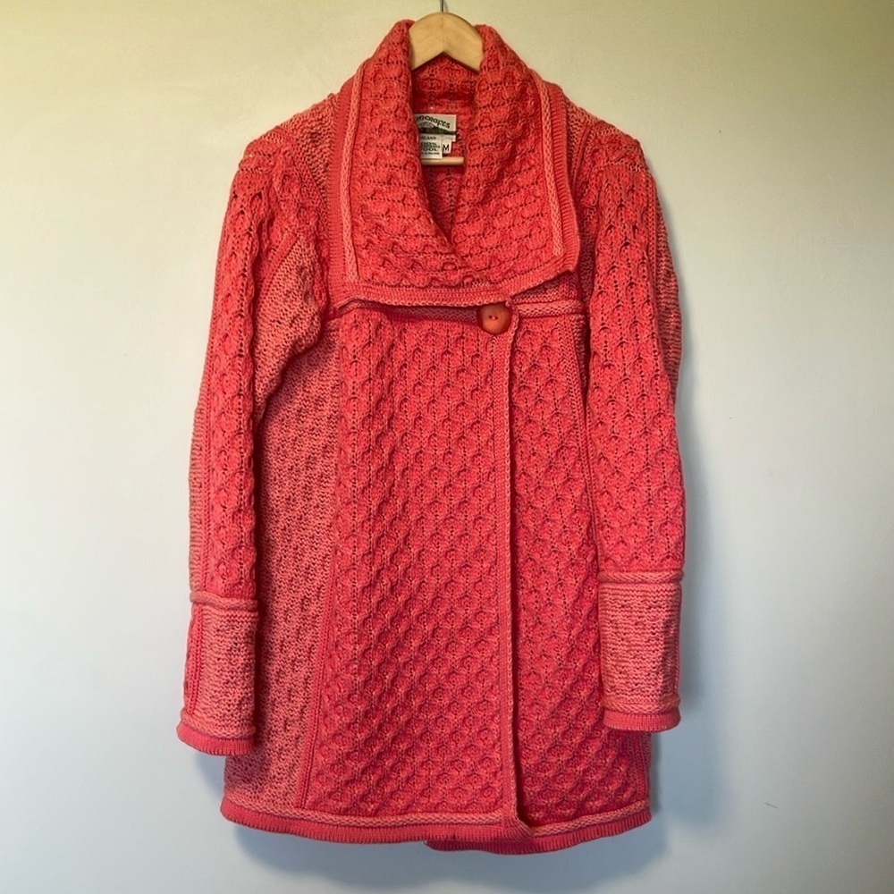 Aran Crafs Pink Knit Cardigan Made in Ireland 100% Merino wool - Picture 2 of 7
